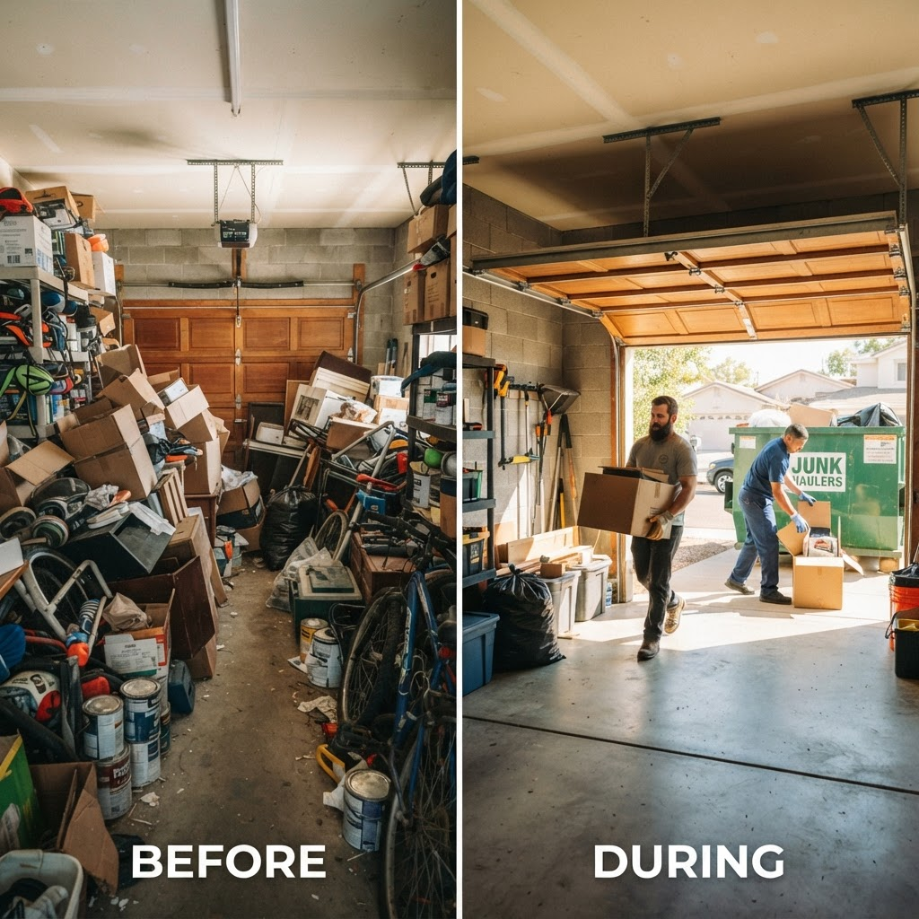 Workers clearing junk out of a cluttered residential garage