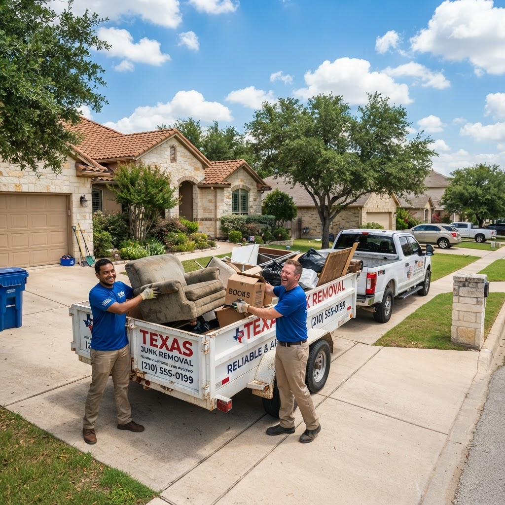 T&E Hauling crew loading furniture and boxes into an open dump trailer in a San Antonio driveway